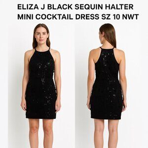 Eliza J Black Sequin Halter Mini Cocktail Dress Sz 10 NWT